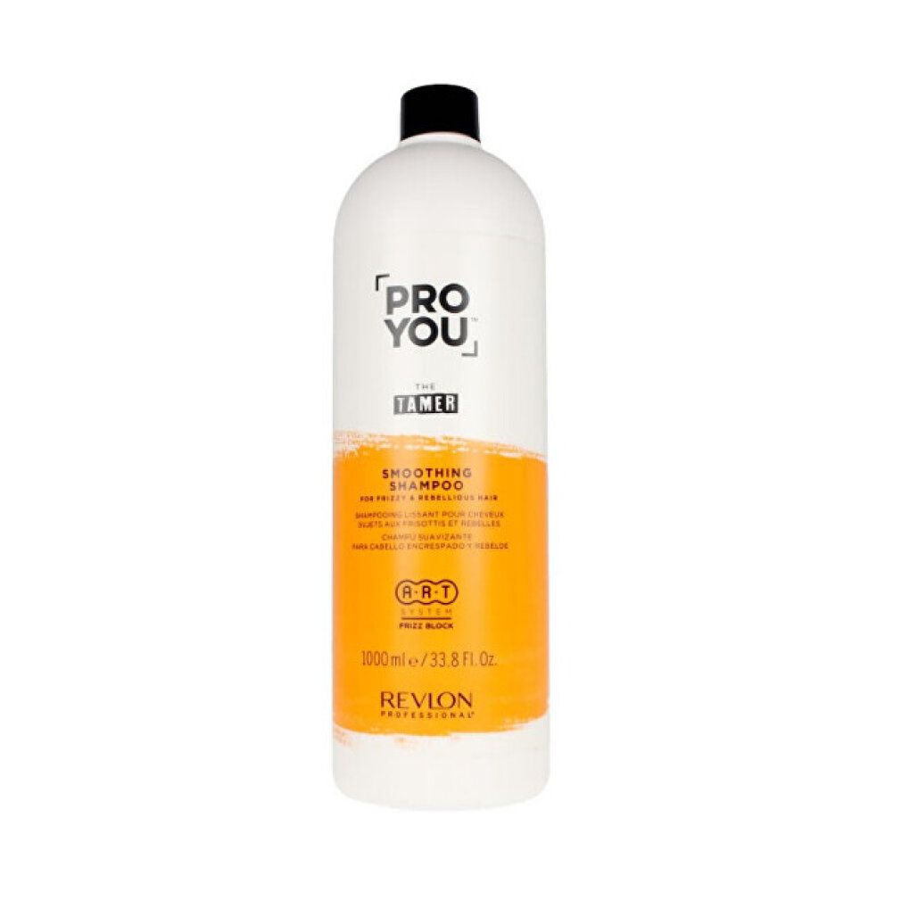 Grand flacon blanc à bouchon noir. Inscription: PRO YOU THE TAMER, Smoothing Shampoo. Bande orange. Revlon Professional.