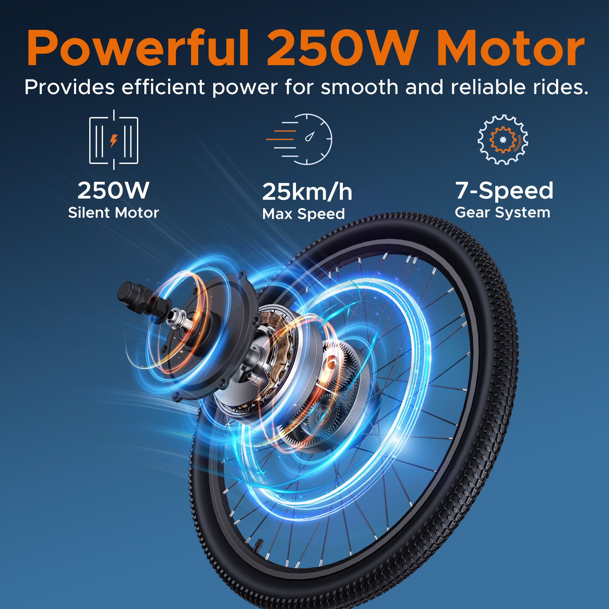 Afbeelding: 250W motor, 25km/h max. snelheid, 7-versnellingssysteem. E-bike wiel met motor en tandwielen. Blauwe designelementen.