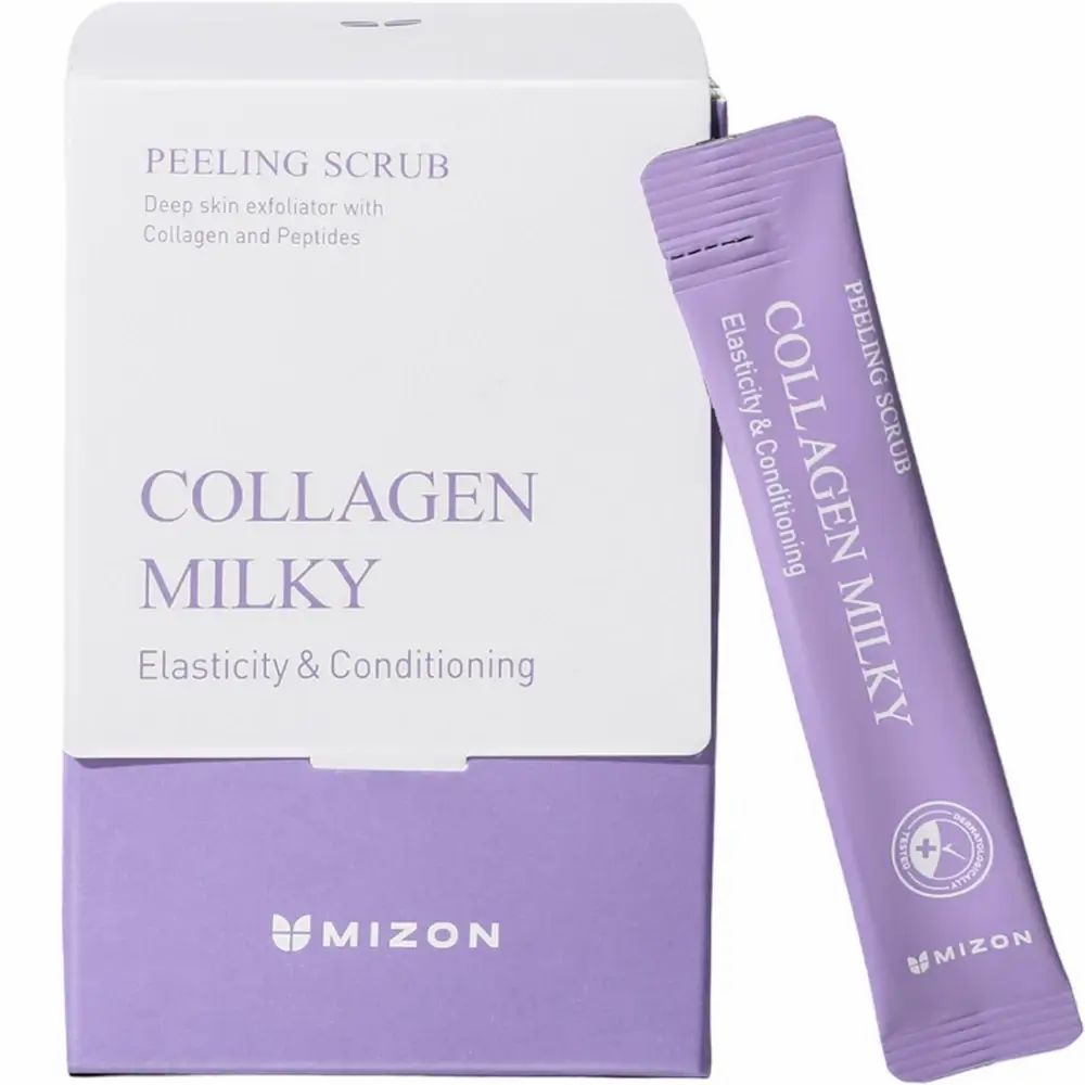 Witte verpakking met paarse accenten en een zakje. Opschrift: PEELING SCRUB, COLLAGEN MILKY, MIZON.