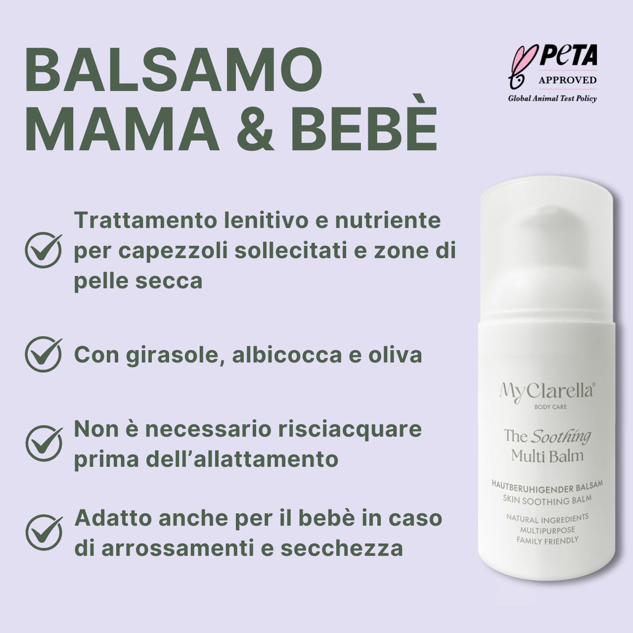 Mama & Baby Balm. Kalmerende en rijke verzorging voor belaste tepels en droge huidplekken. Met zonnebloem, abrikoos en olijf. PETA-Approved.