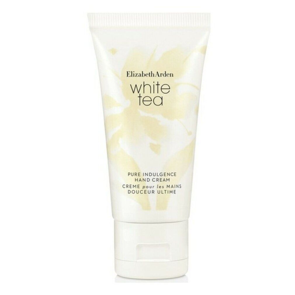 Tube de crème pour les mains blanche. Inscription: Elizabeth Arden White Tea, Pure Indulgence Hand Cream. Contenu net: 1oz 28g 30ml.