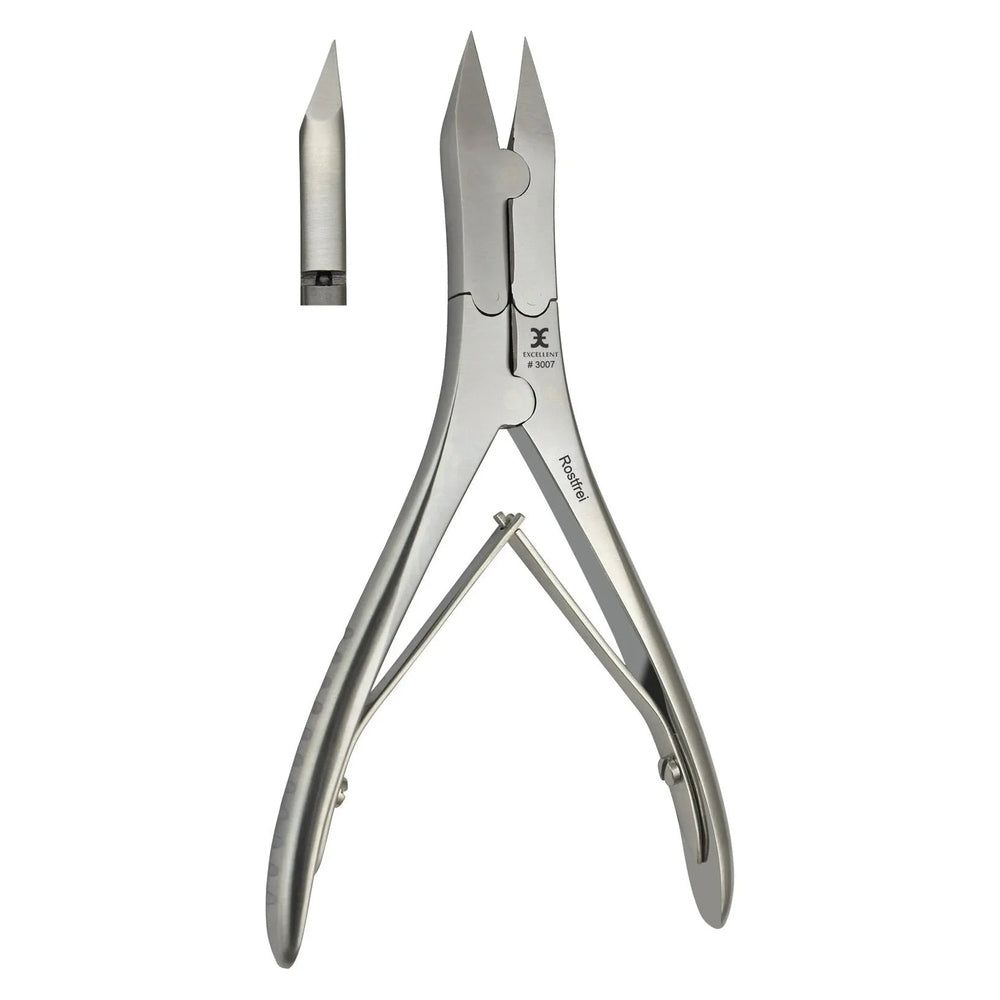 Pince à ongles en métal argenté, avec pointe séparée. Articulation et levier visibles. Marque Roedter.