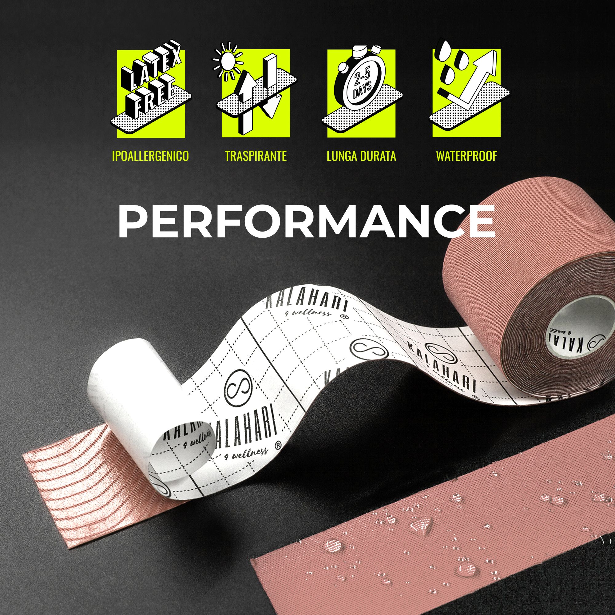 Kinesiologietape rol met bedrukt rugpapier. Kenmerken: hypoallergeen, ademend, lange levensduur.