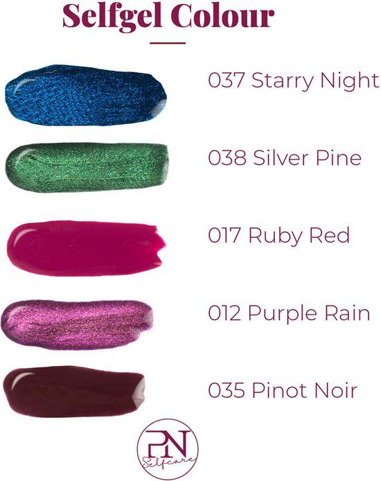 Palette de couleurs PN SelfGel Vernis Semi-Permanent. 5 échantillons de couleurs avec noms et numéros: 037 Starry Night, 038 Silver Pine, 017 Ruby Red, 012 Purple Rain, 035 Pinot Noir.
