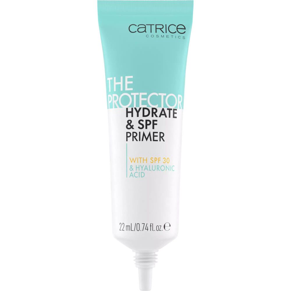 Tube de produit. Inscription: Catrice, THE PROTECTOR HYDRATE & SPF PRIMER, avec SPF 30 & acide hyaluronique. 22 ml.
