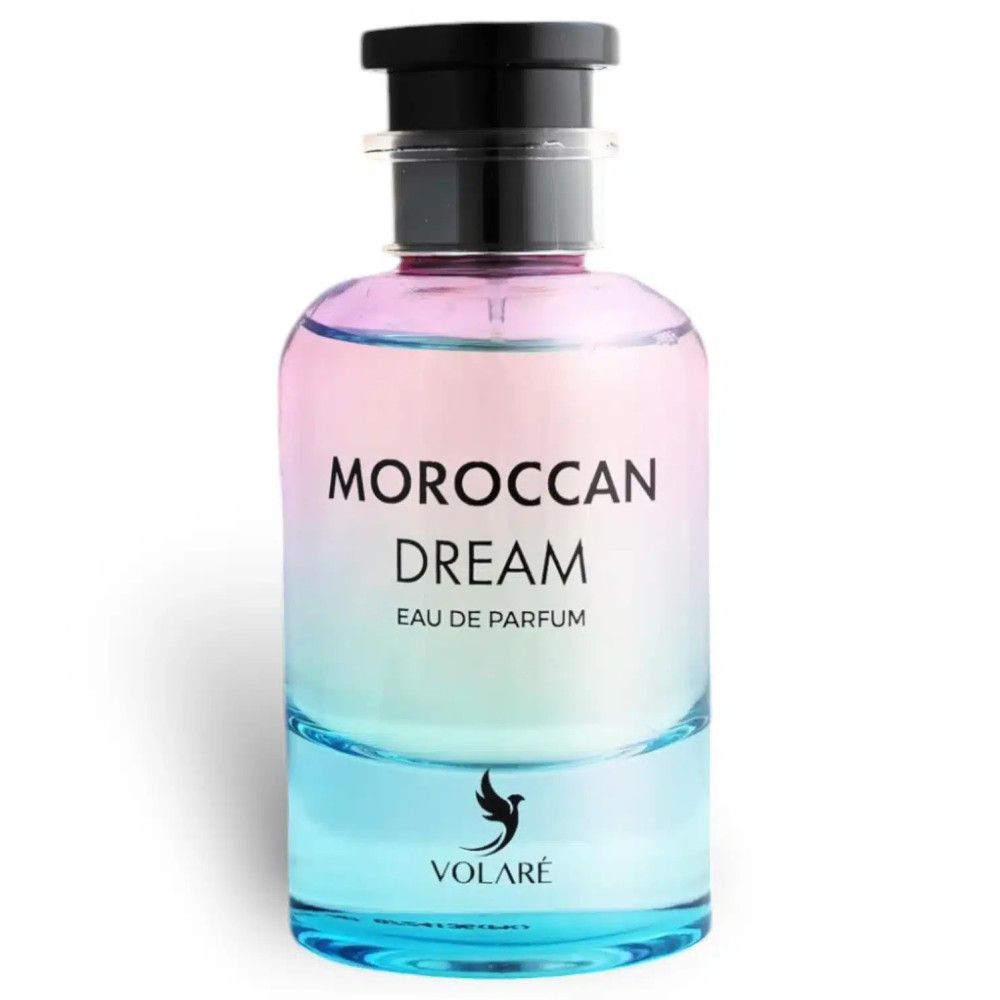 Parfumfles met kleurverloop. Opschrift: Moroccan Dream Eau de Parfum. Zwarte dop. Logo: vogel.