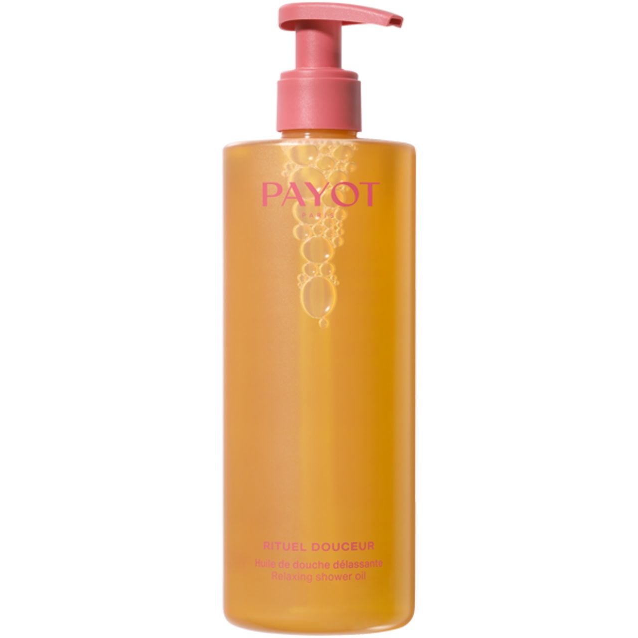 Flacon orange Payot, huile de douche. Pompe rose. Nom et texte du produit visibles.