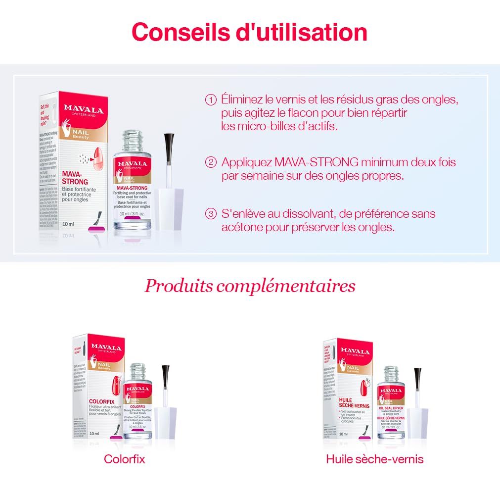Trois images de produits. MAVA-STRONG, Colorfix et huile. Conseils d'utilisation.
