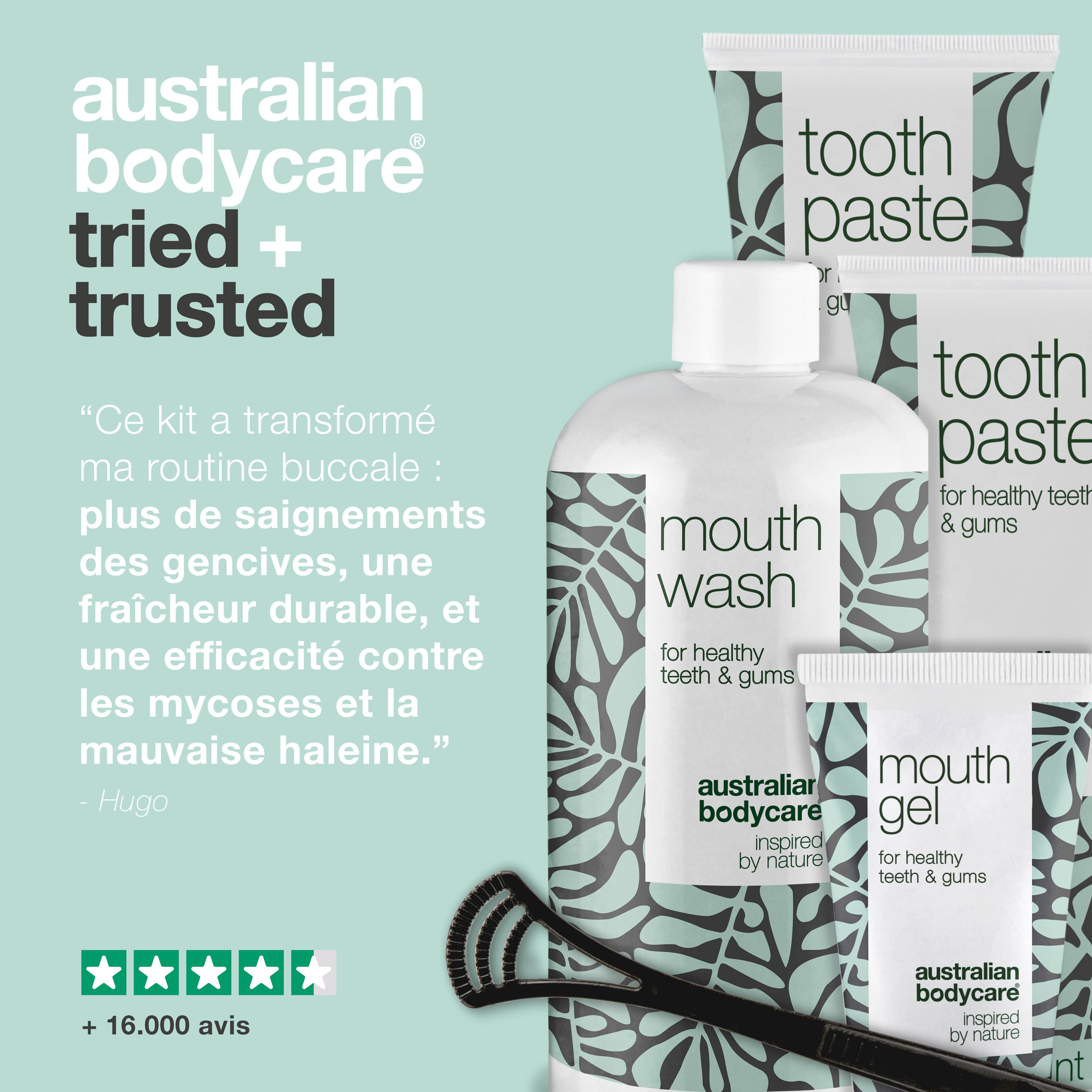 Kit de soins bucco-dentaires avec bain de bouche, dentifrice, gel buccal et gratte-langue. Australian Bodycare.