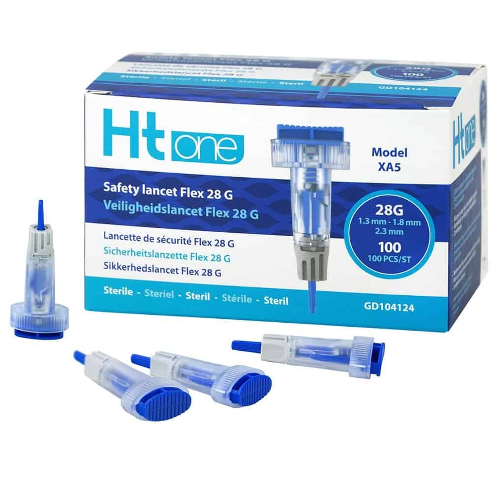HT One Safety Lancet Flex 28G : Une lancette de sécurité et trois lancettes individuelles, 28G, 1.3-1.8mm.