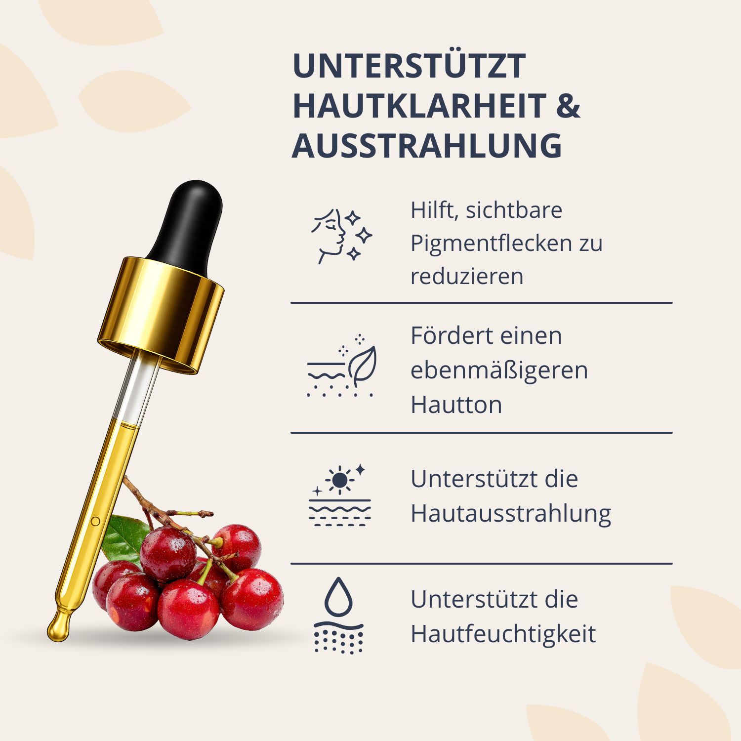 Pipette avec sérum Golden Tree Spotless et cerises, soutient la clarté et l'éclat de la peau.