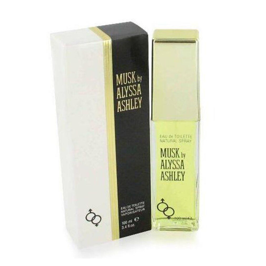 Alyssa Ashley Musk Eau de Toilette flacon en verpakking, zijaanzicht.