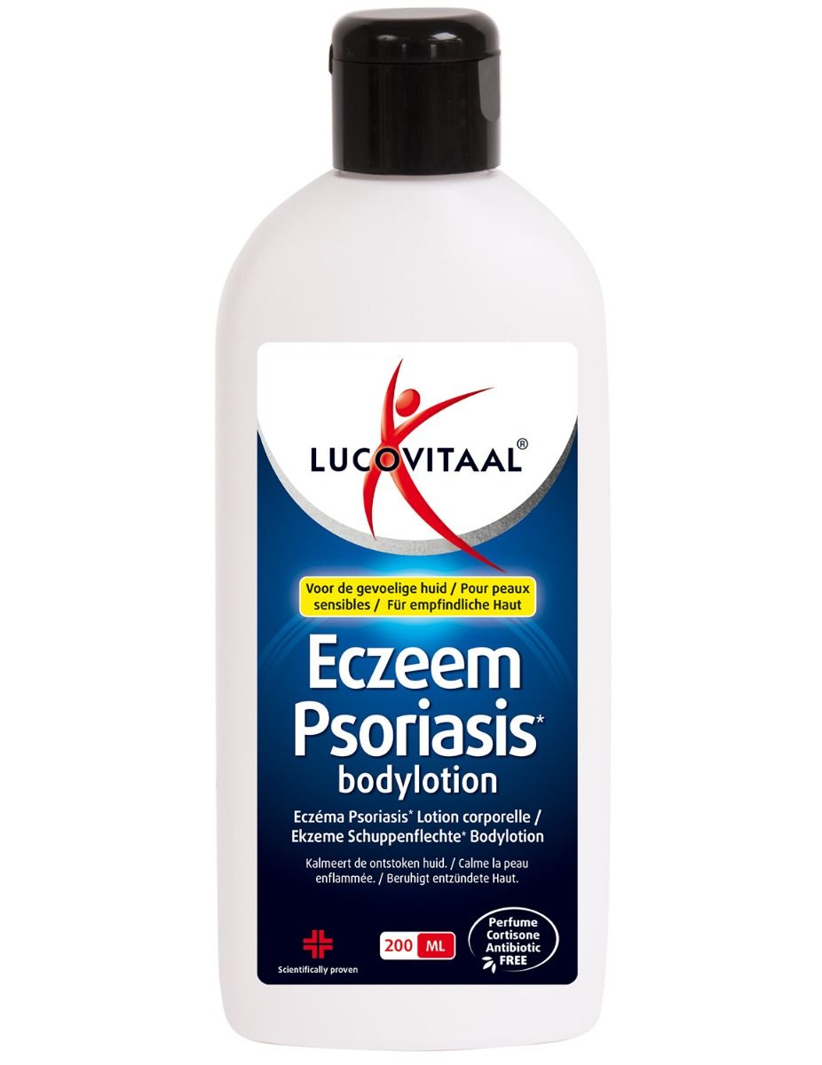 Flacon blanc, bouchon noir. Étiquette avec logo et nom du produit : Eczeem Psoriasis bodylotion. 200 ml.