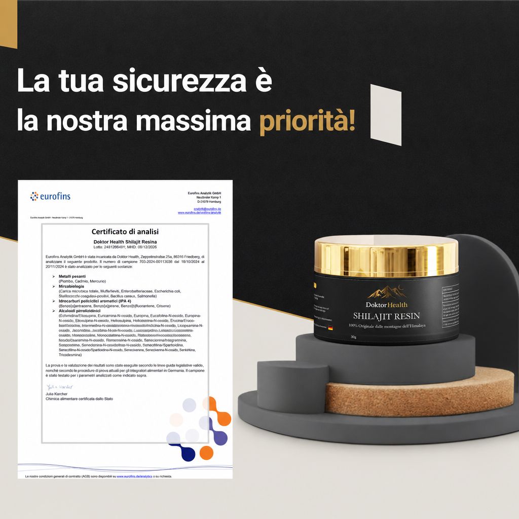 Bocal de résine de Shilajit sur un socle à côté d'un certificat d'analyse Eurofins.
