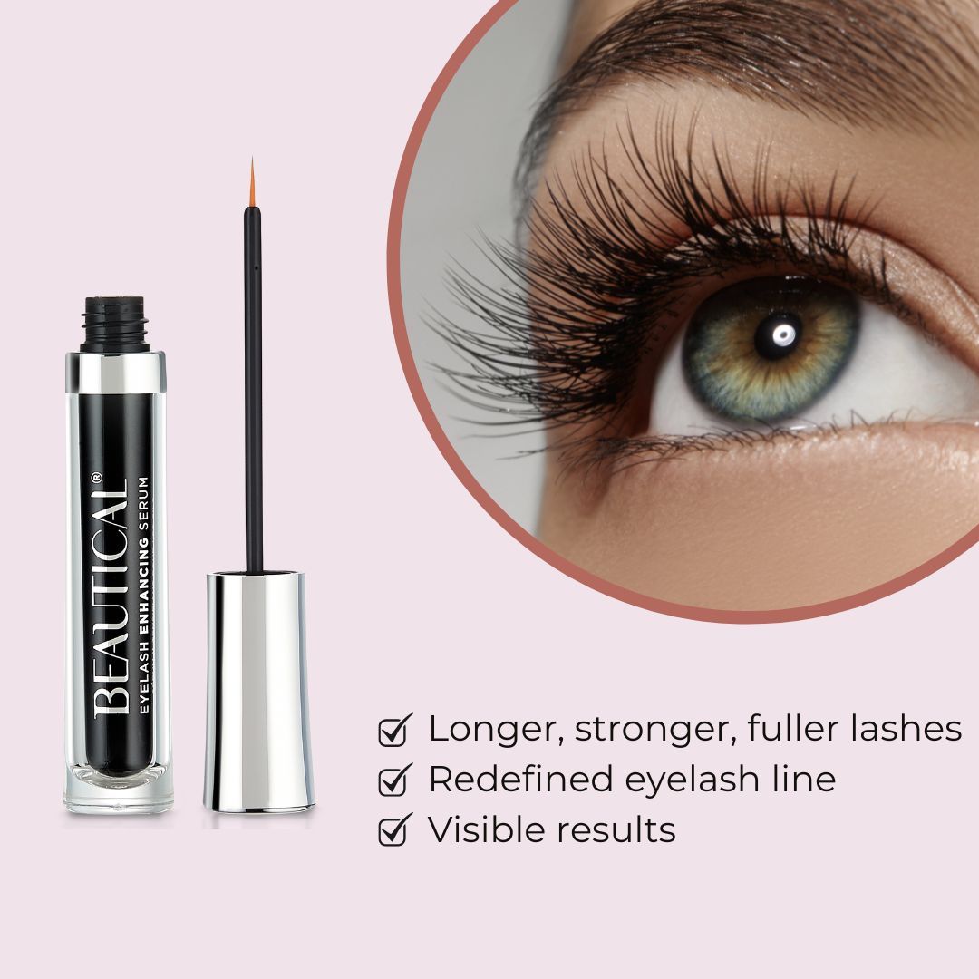 BEAUTICAL Eyelash Enhancing Serum. Fles, applicator en voordelen: Stimuleert de groei.