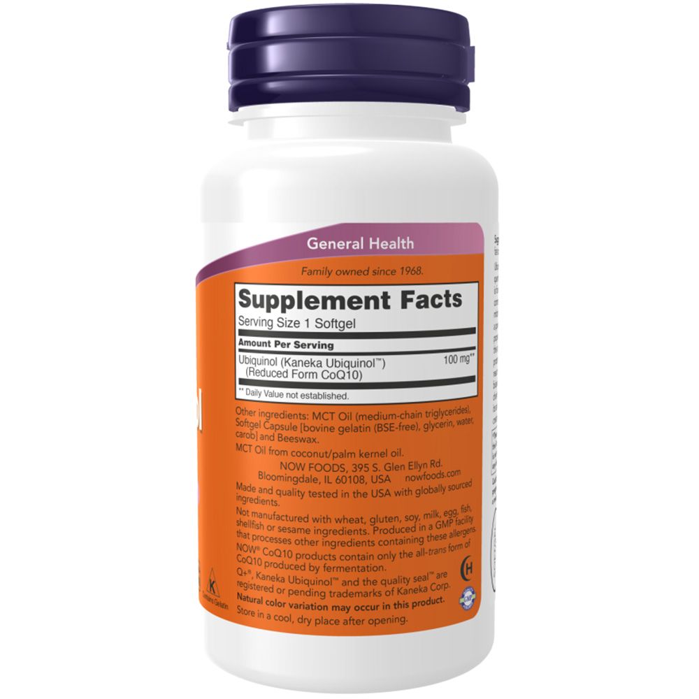 Flacon blanc avec bouchon violet et étiquette orange. Texte: Supplement Facts, Ubiquinol, 100 mg. Inscription: NOW FOODS.