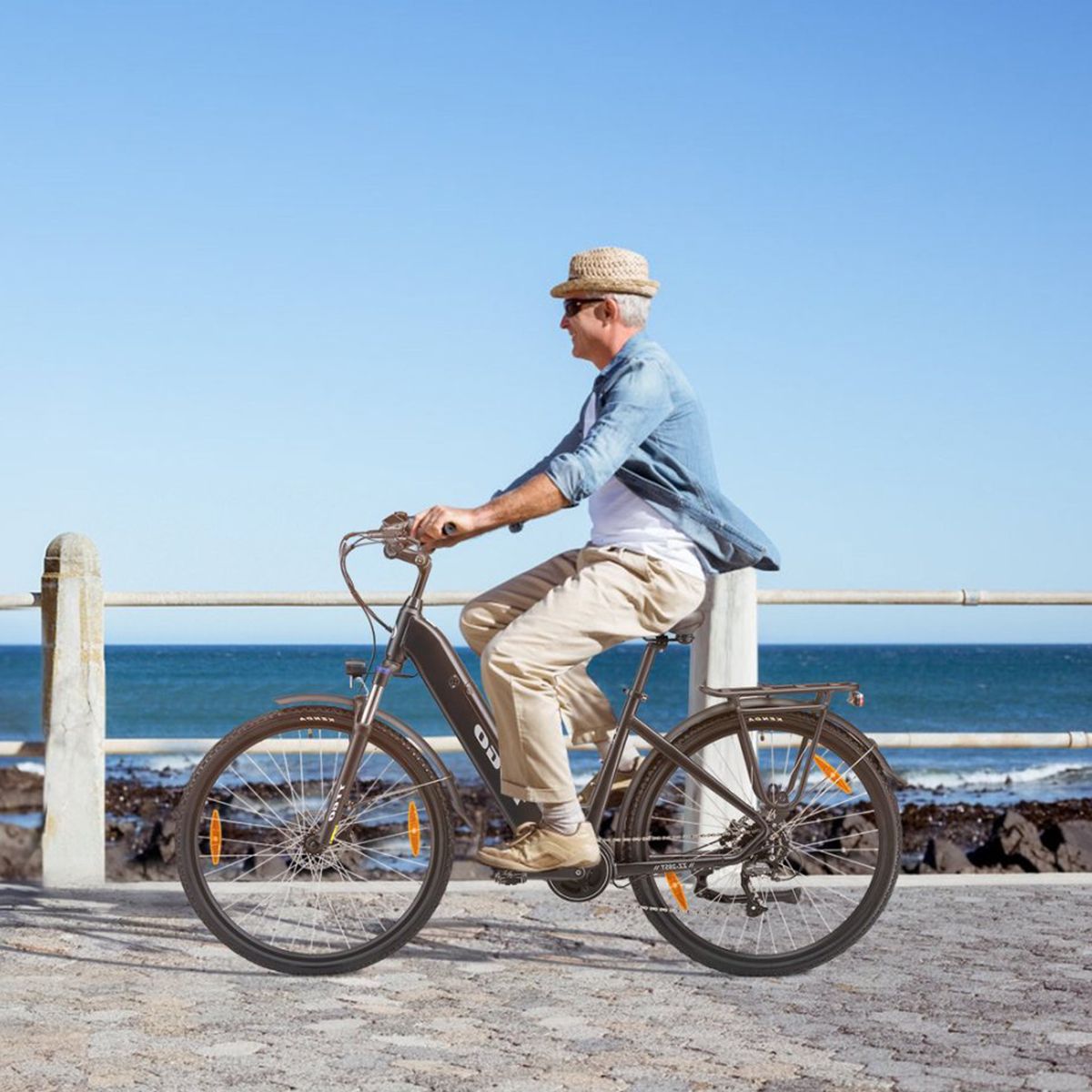 Personne faisant du vélo électrique noir au bord de la mer. Le vélo a un porte-bagages.