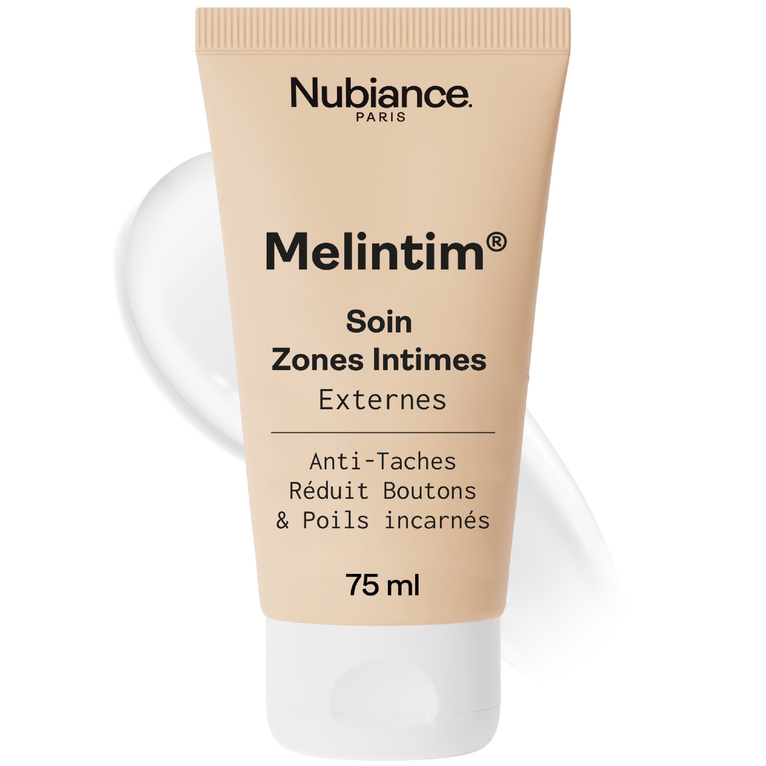 Beige tube met witte dop. Opschrift: Nubiance, Melintim, Soin Zones Intimes Externes. 75 ml.