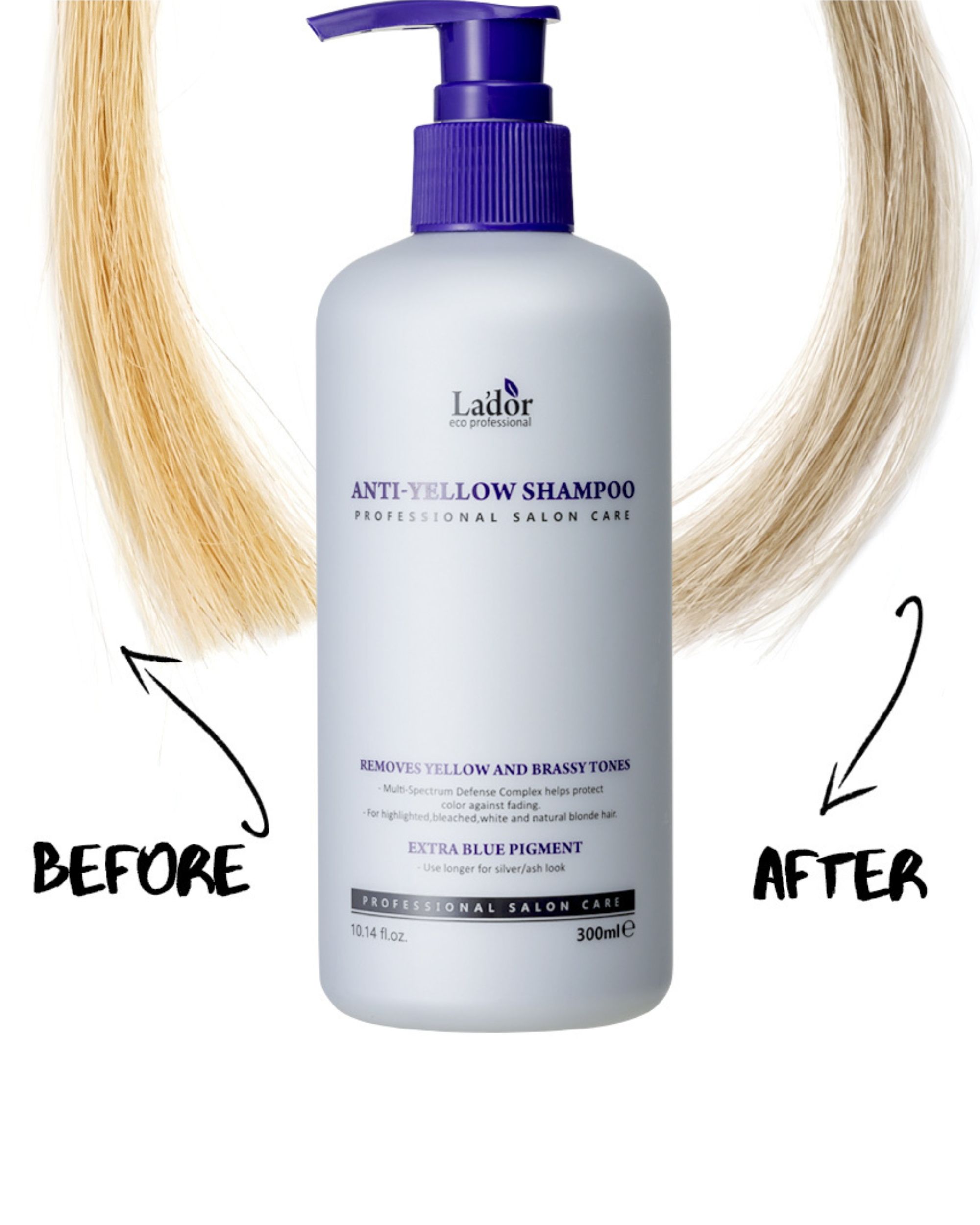 LADOR Anti-Yellow Shampoo fles met voor-en-na haarstrengen. Verwijdert gele en koperachtige tinten.