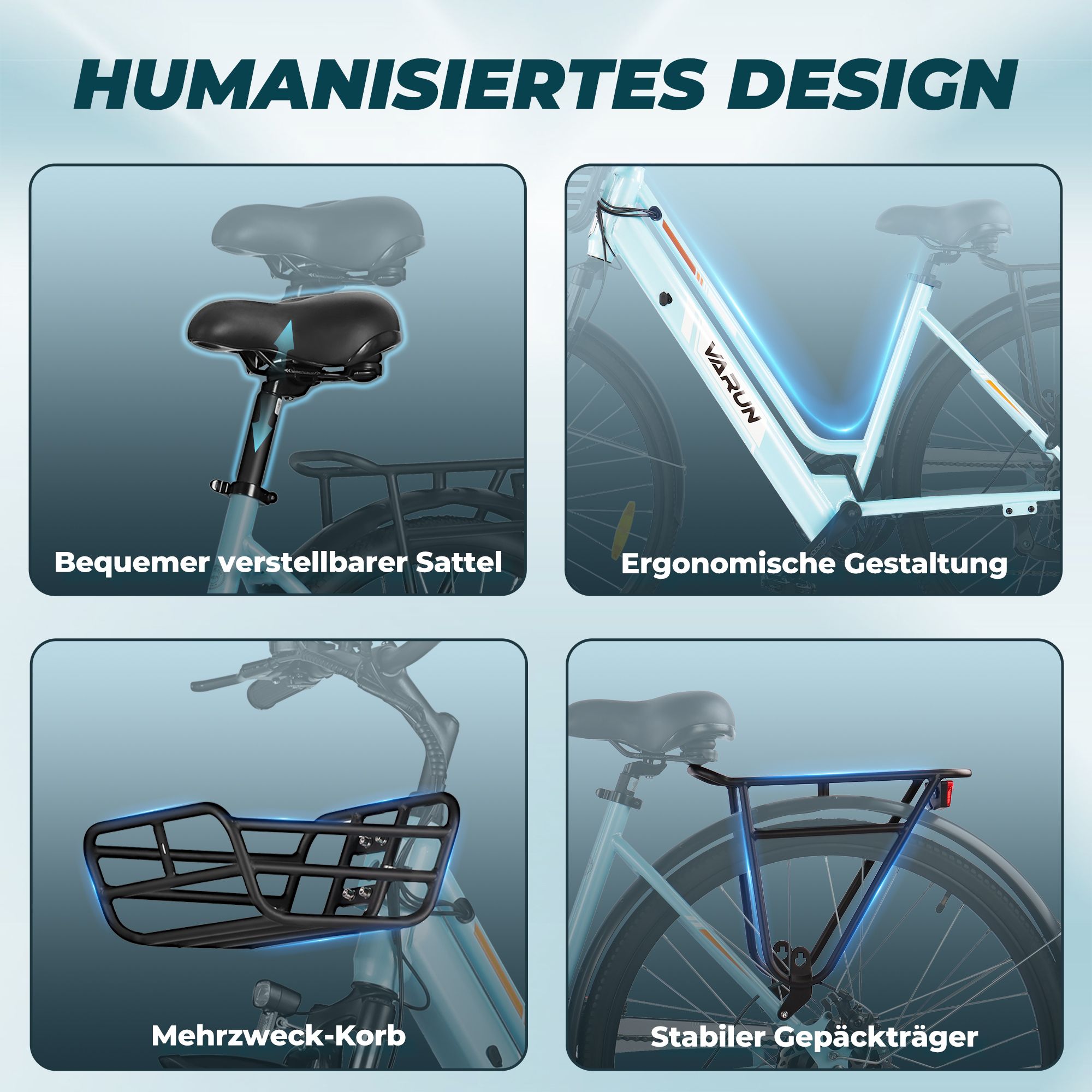 Lichtblauwe e-bike met details. Tekst: Comfortabel verstelbaar zadel, ergonomisch ontwerp, multifunctionele mand, stabiele bagagedrager.