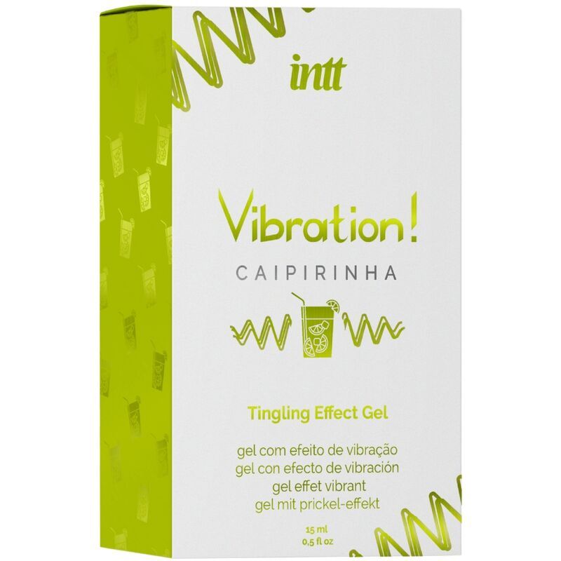 Productverpakking. Opschrift: INTT Vibration! Caipirinha, Tingling Effect Gel. Groen-wit design. 15 ml.