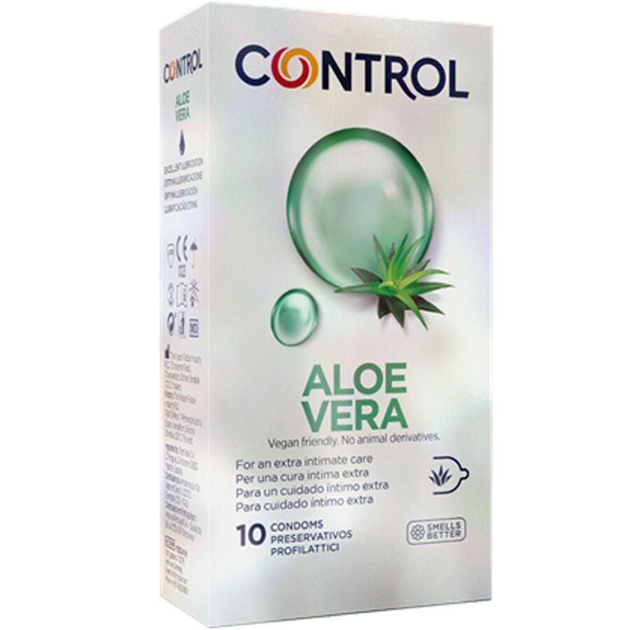 Verpakking van Control Aloe Vera condooms. Witte doos met logo en productnaam. Illustratie van aloë vera en 10 condooms.