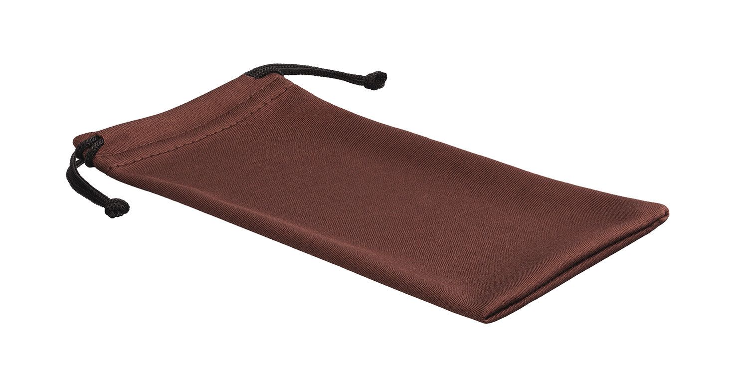 Pochette en microfibre marron avec cordon noir. Vue en biais.