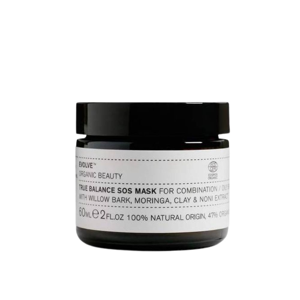 Pot noir avec étiquette blanche. Inscription: Evolve Organic Beauty True Balance SOS Mask. 60ml, 100% ingrédients naturels.