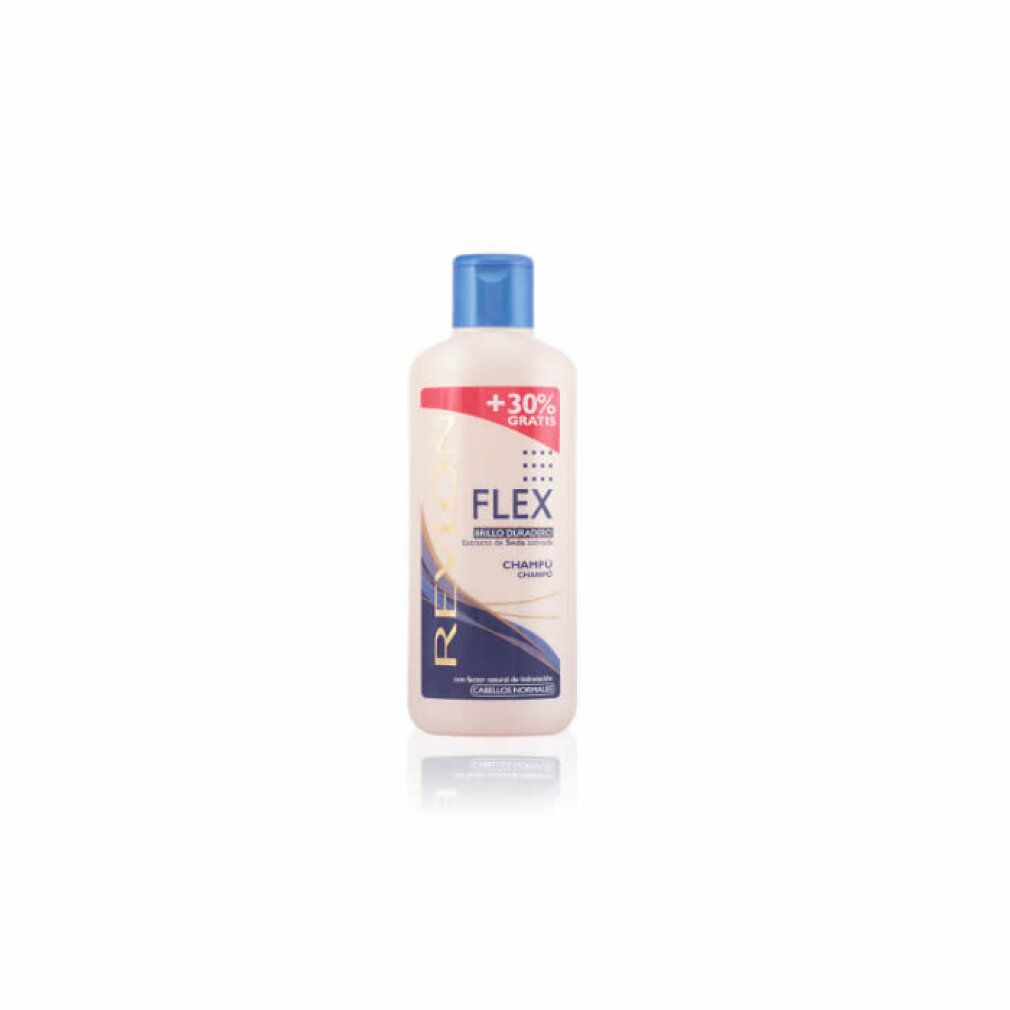 Flacon de shampooing Revlon Flex, blanc avec bouchon bleu. Texte: Flex, Shampooing, +30% gratuit.