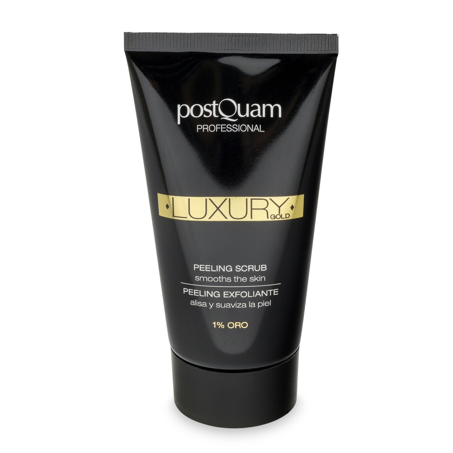 Zwarte tube met "Postquam Professional Luxury Gold". Tekst: Peeling Scrub, 1% Oro. Zwarte dop.
