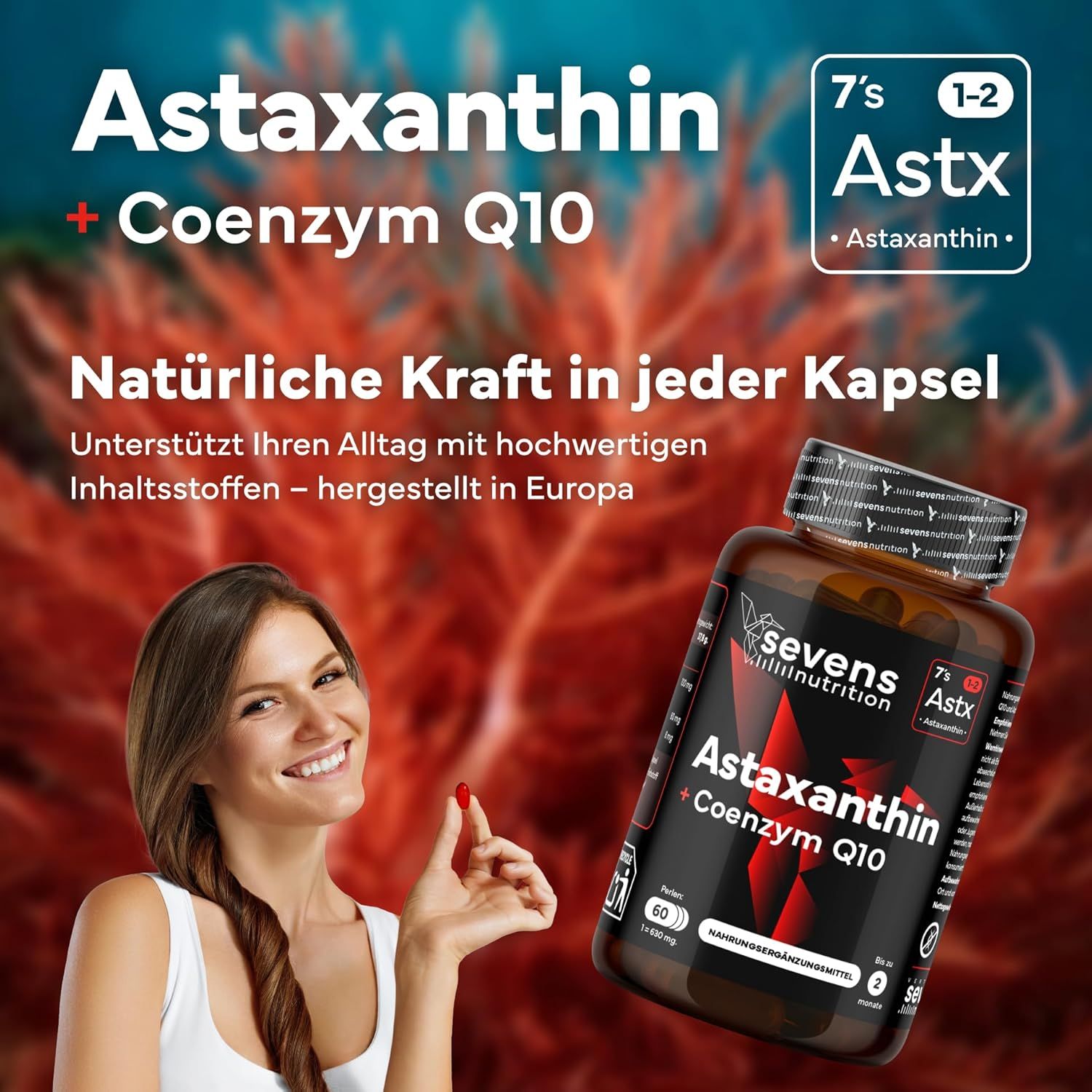 Vrouw houdt astaxanthine capsule vast, ernaast een pot met astaxanthine + co-enzym Q10.