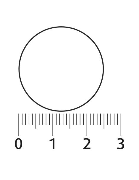 Cirkel met zwarte rand. Daaronder een liniaal met centimeter- en millimeterverdeling.