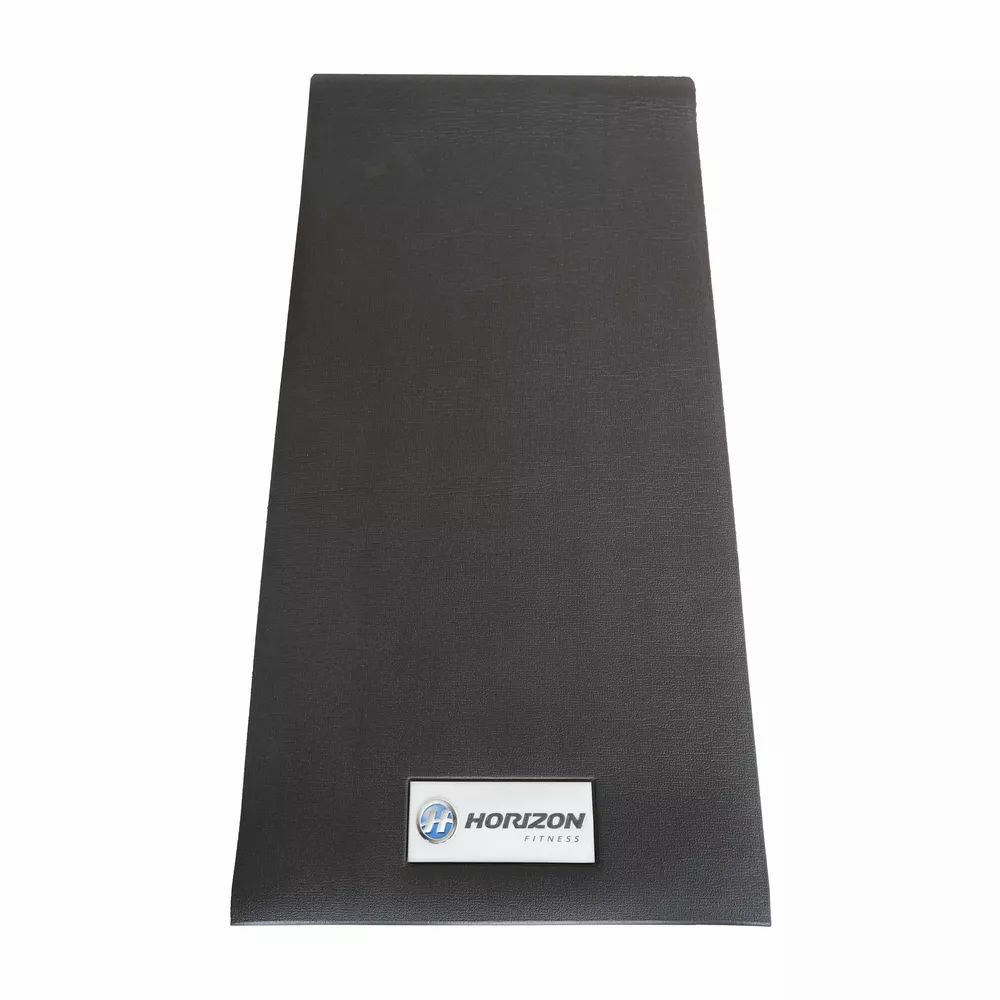 Tapis de sol Horizon Fitness noir. Rectangulaire, avec logo. Pour équipements de fitness.