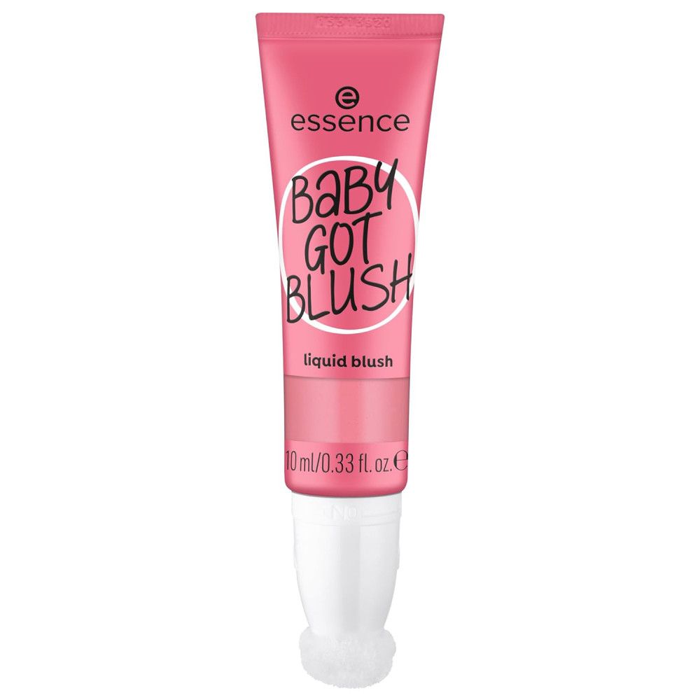 Tube rose avec applicateur blanc. Inscription: Essence Baby Got Blush, liquid blush. 10 ml/0.33 fl. oz. E.