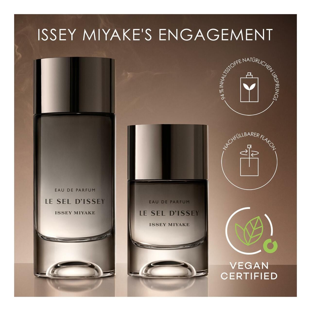 Twee parfumflessen. Opschrift: Eau de Parfum, Le Sel d'Issey, Issey Miyake. Vegan certificering.