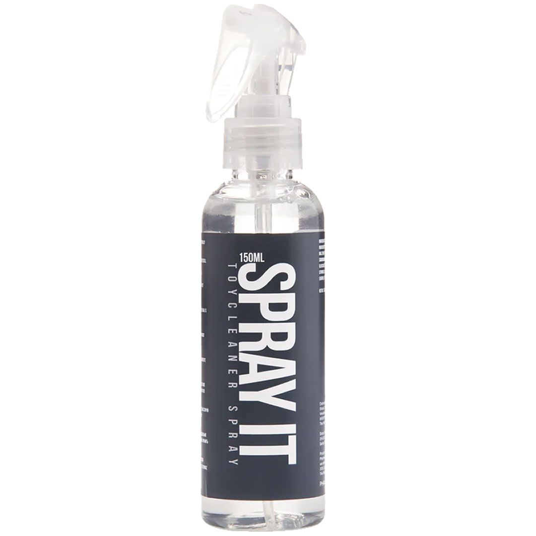 Flacon transparent avec vaporisateur. Inscription "SPRAY IT" et "150ml TOY CLEANER SPRAY" sur une étiquette sombre.