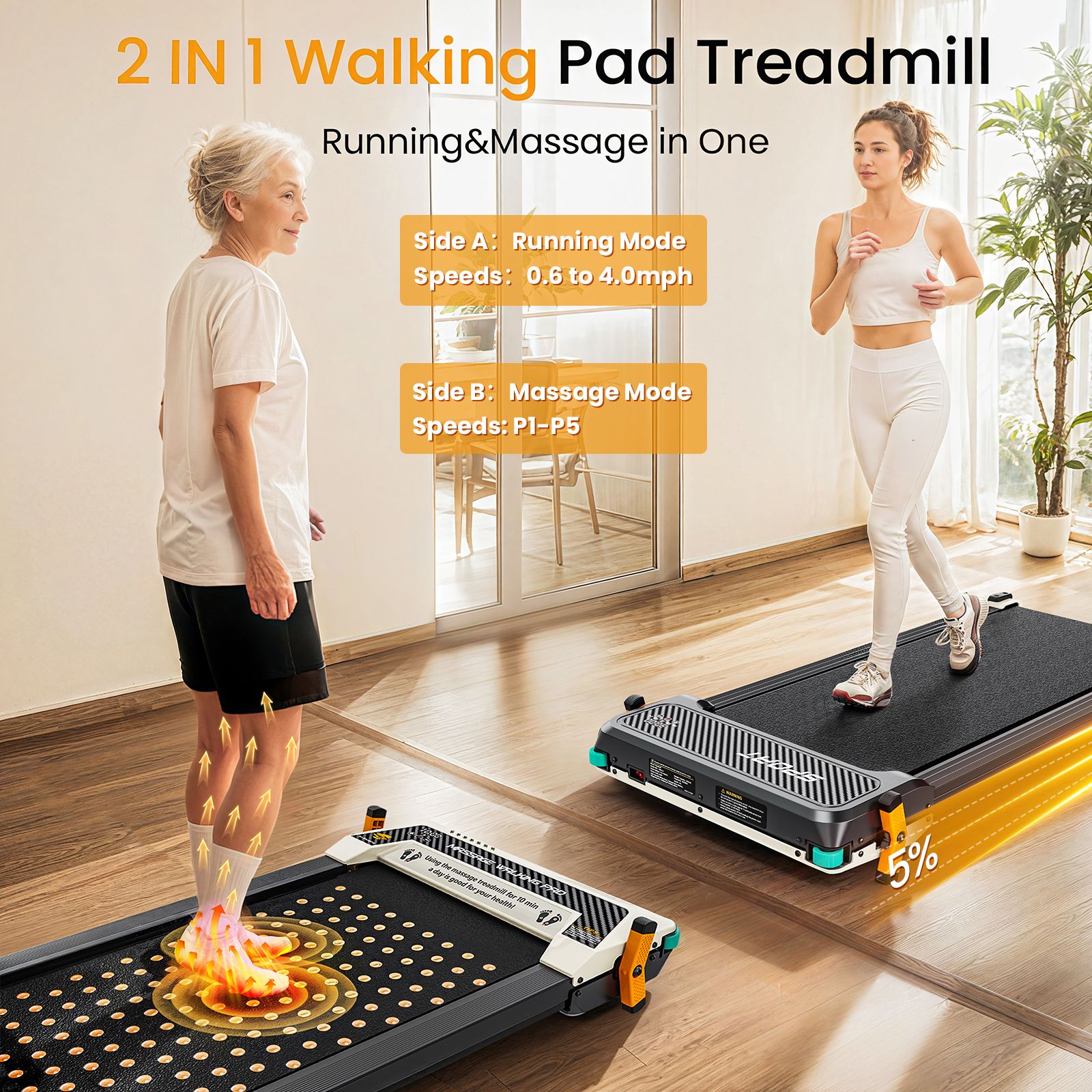 Tekst: 2 IN 1 Walking Pad Loopband. Twee personen op loopbanden. Tekst: Side A: Running Mode. Side B: Massage Mode. Groen-zwarte details.