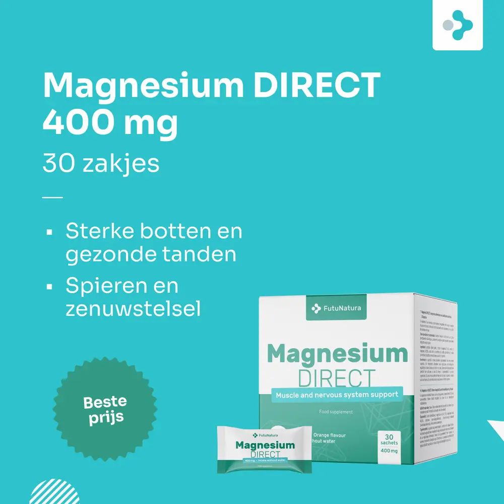 FutuNatura Magnesium DIRECT 400 mg: doos met 30 zakjes. "Beste prijs"-zegel.