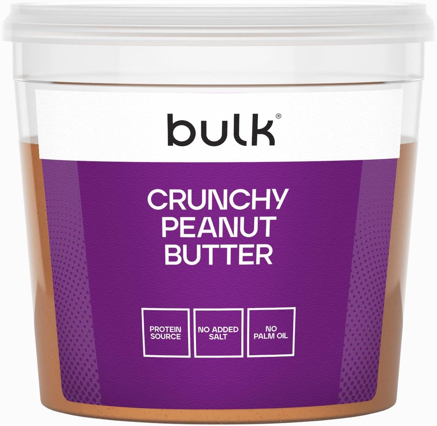 Un pot de Bulk Crunchy Peanut Butter avec une étiquette violette.