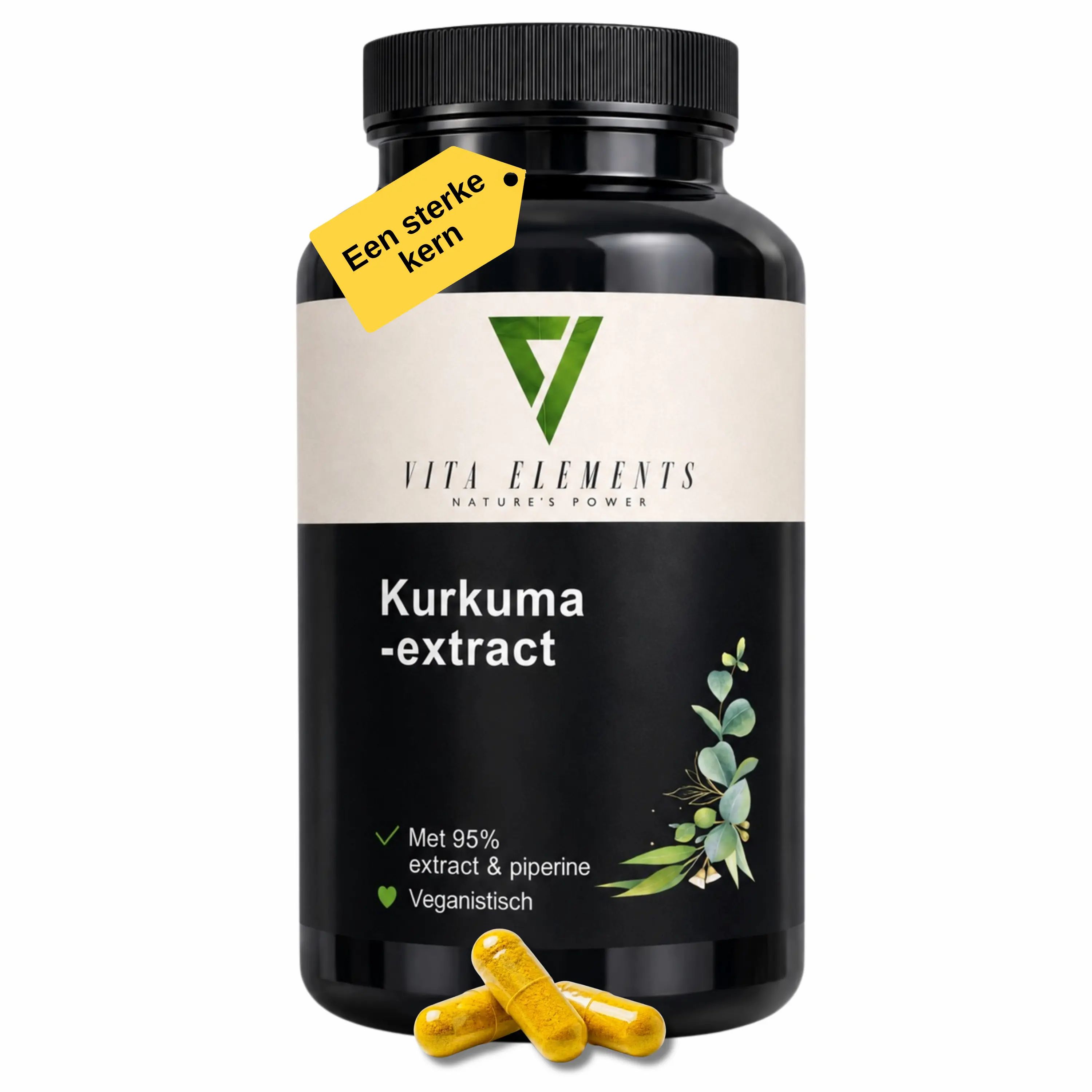 Vita Elements Kurkuma Extract: Pot met etiket. Bevat 95% extract & piperine. Veganistisch. Gecertificeerde kwaliteit. 60 capsules.