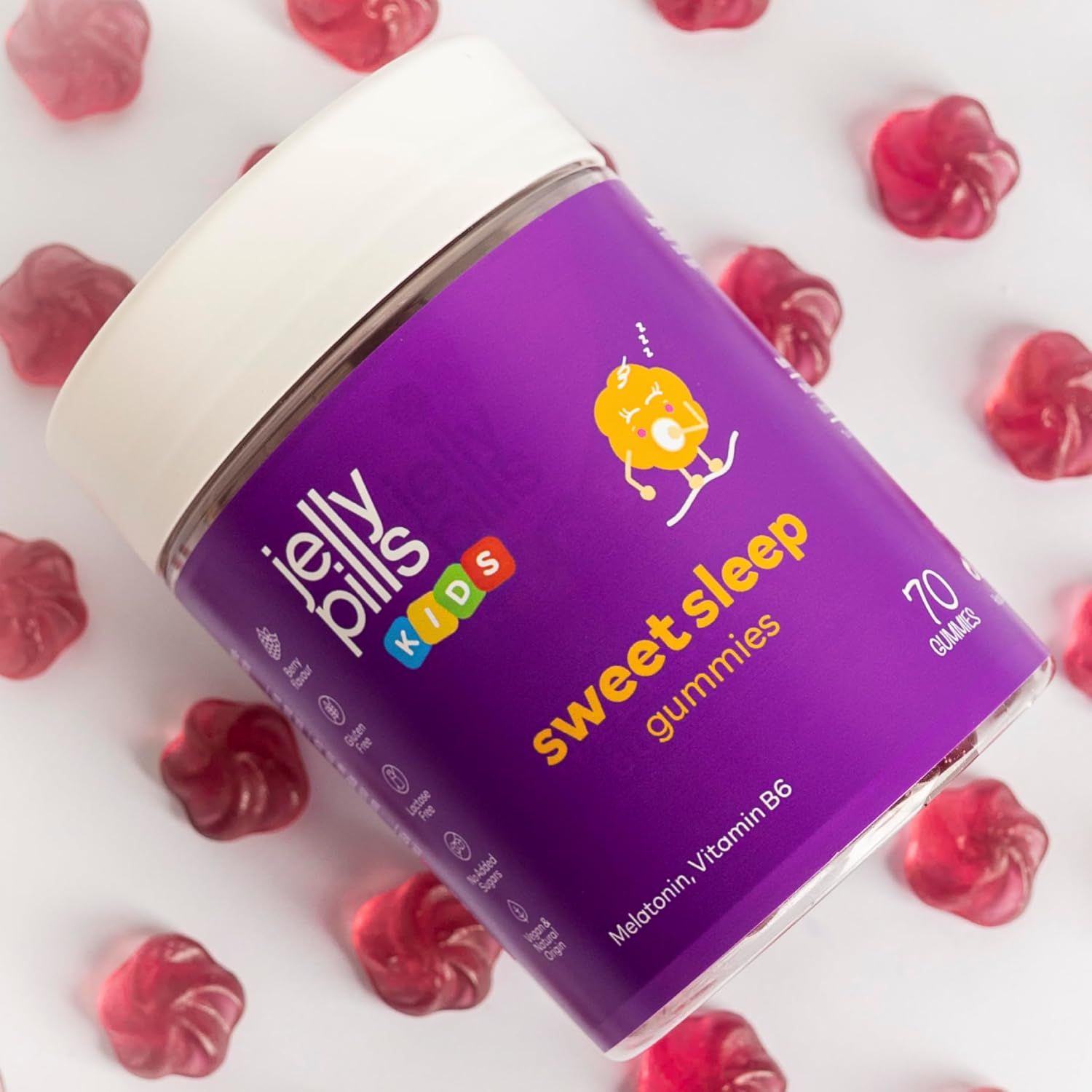 Jelly Pills Sweet Sleep Kinder Gummies : 70 pièces, saveur framboise, pour enfants.