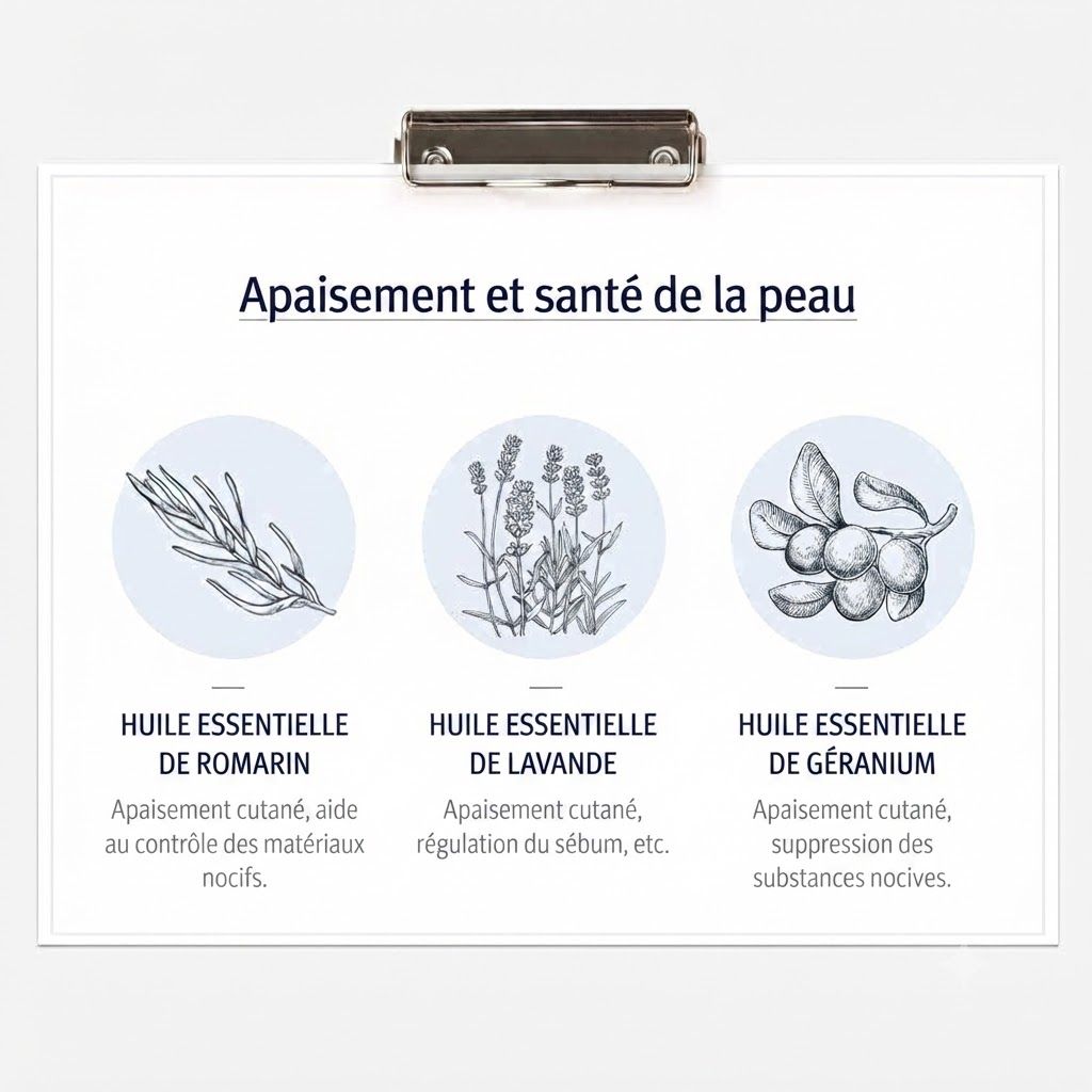 Illustrations de romarin, lavande et géranium avec texte sur l'apaisement et la santé de la peau.