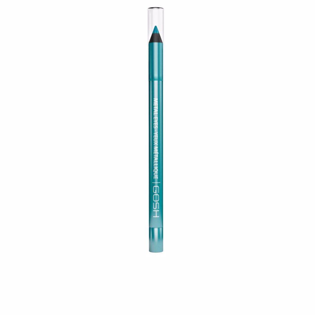 Turquoise Gosh Metal Eyes eyeliner. De potlood heeft een transparante dop. De tekst "METAL EYES - YEUX METALLIQUE | GOSH" is zichtbaar.