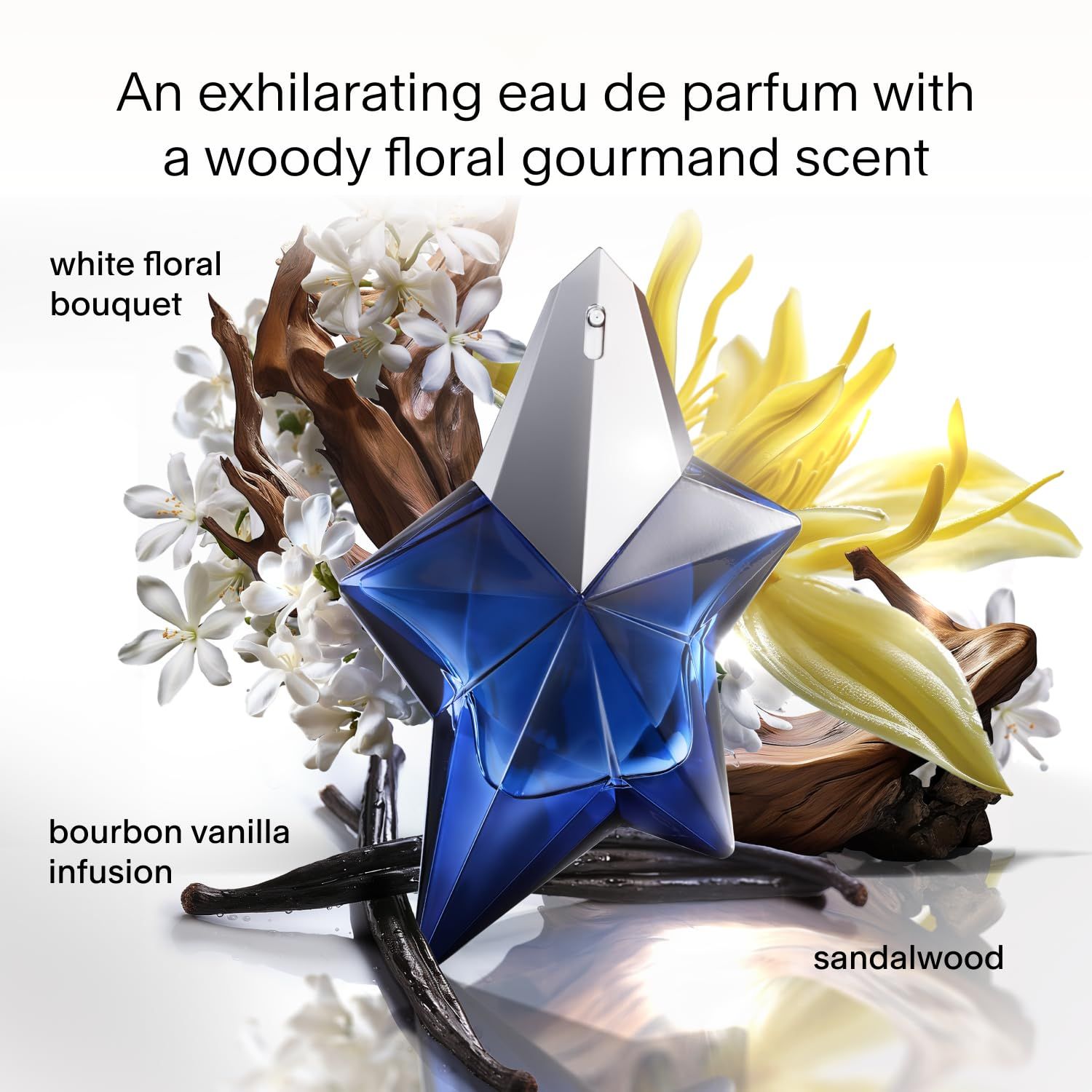 Blauwe sterfles, witte bloemen, vanillestokjes en sandelhout. Tekst: "Bourbon vanilla infusion".