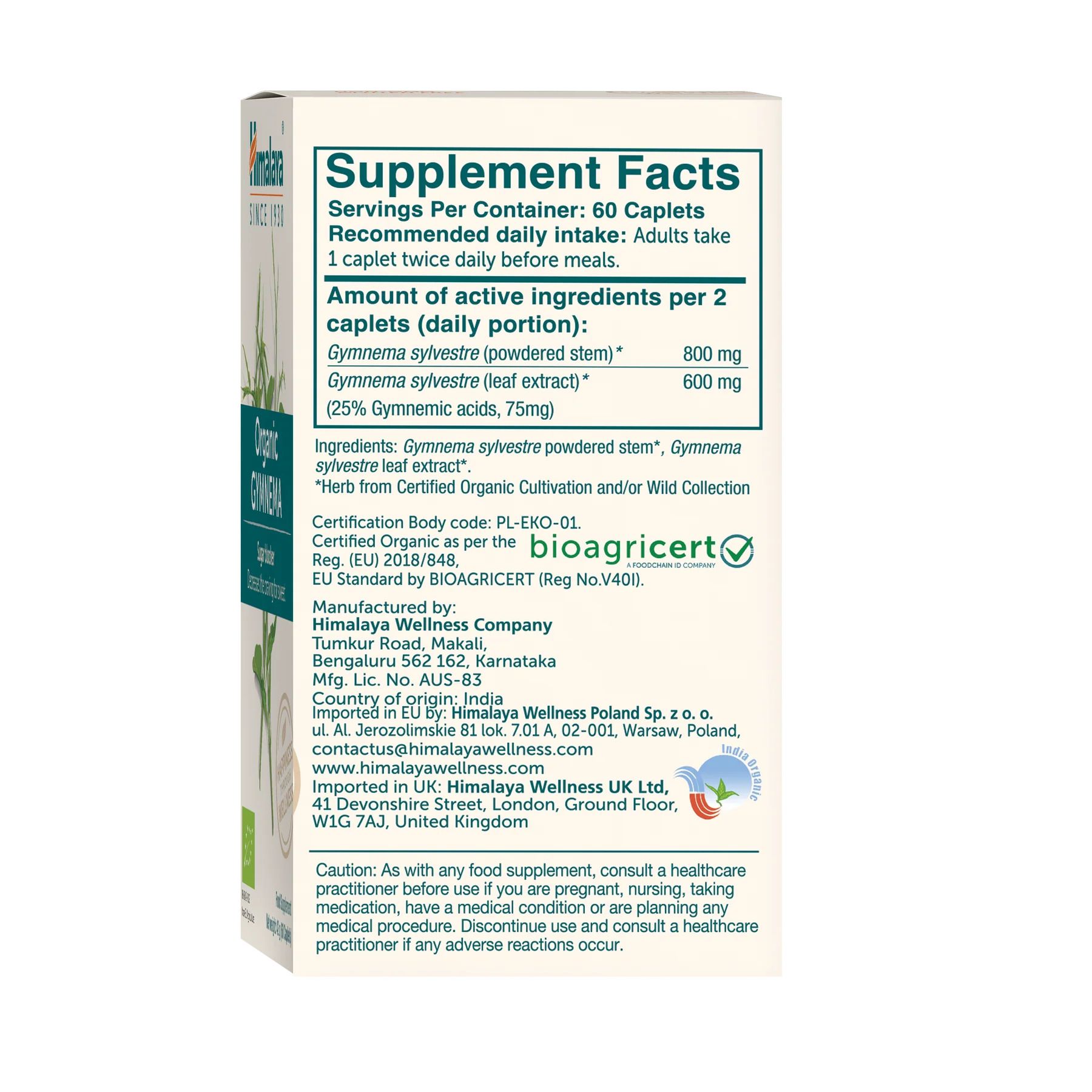 Witte doos met tekst. Himalaya Bio Gymnema. Bioagricert-certificering. Ingrediëntenlijst en voedingsinformatie.