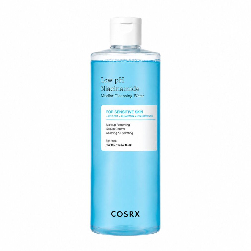 Bouteille d'eau micellaire COSRX Low pH Niacinamide, contenu bleu, étiquette blanche.