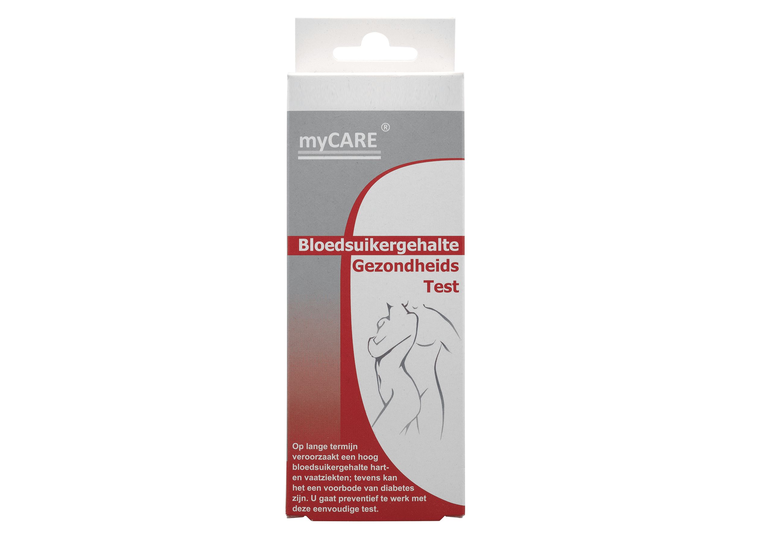 Emballage de test de glycémie. Inscription : myCARE, Bloedsuikergehalte Gezondheids Test. Illustration d'un corps. Design blanc-rouge-gris.