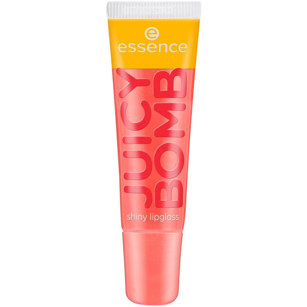 Gloss à lèvres brillant Juicy Bomb essence. Tube avec texte rouge sur fond jaune. Tube transparent avec contenu rose.