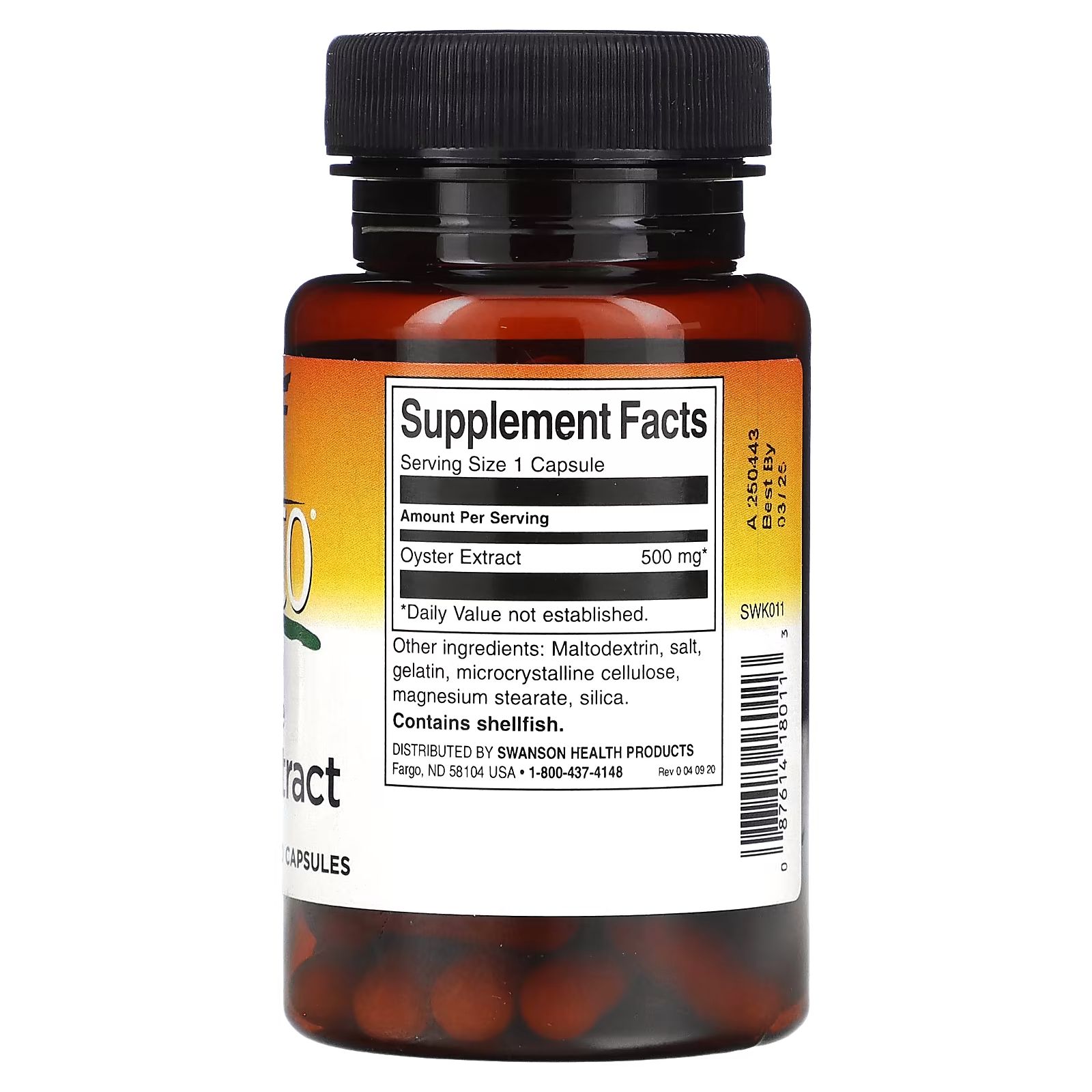 Flacon marron avec bouchon noir. Dos avec informations nutritionnelles. Contient extrait d'huître 500 mg.