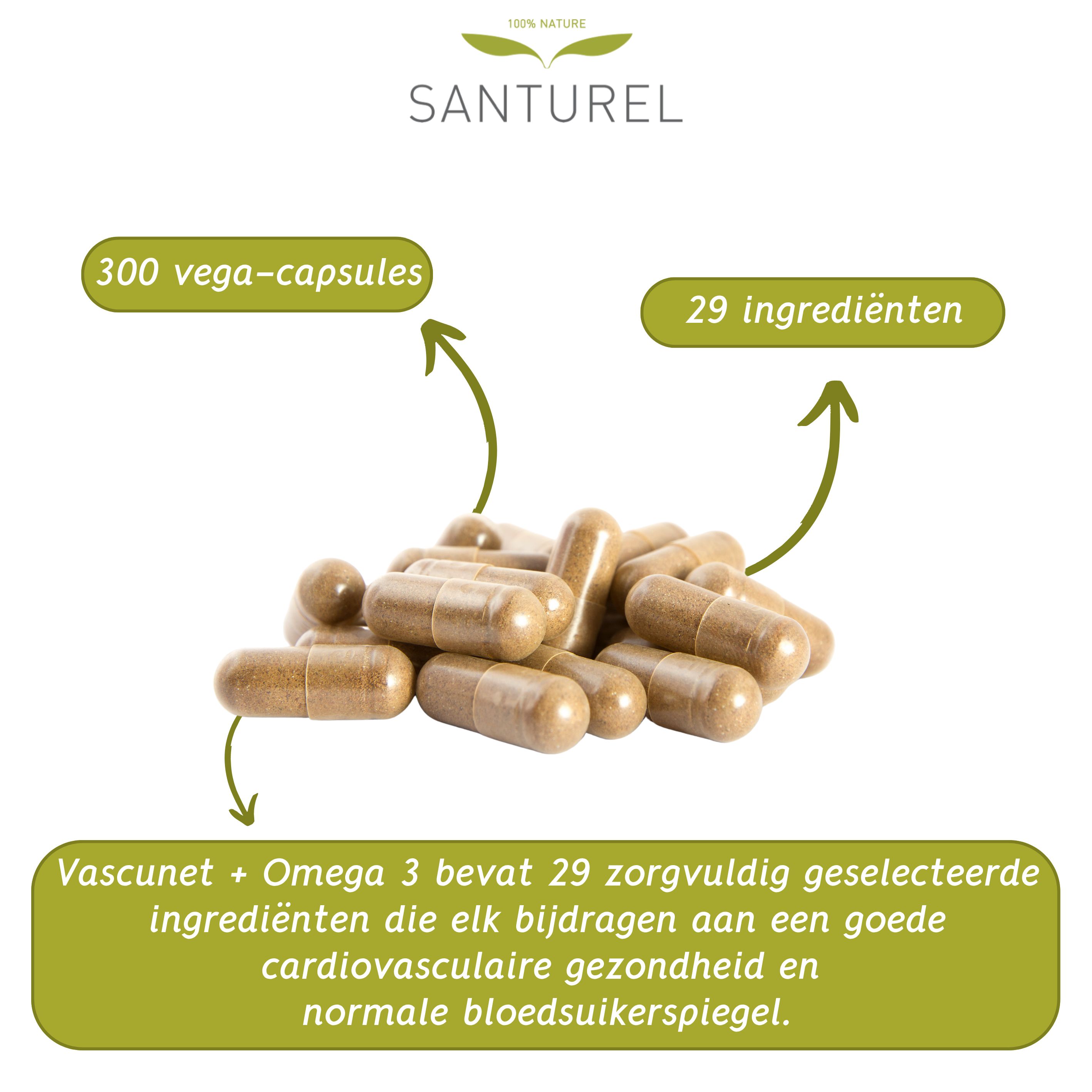 Stapel bruine capsules. 300 vegan capsules, 29 ingrediënten. Tekst: VascuNET + Omega 3 met 29 ingrediënten.